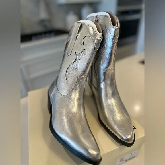 Women’s vegan leather silver western cowboy boots glitter side zipper brand new - Picture 5 of 6